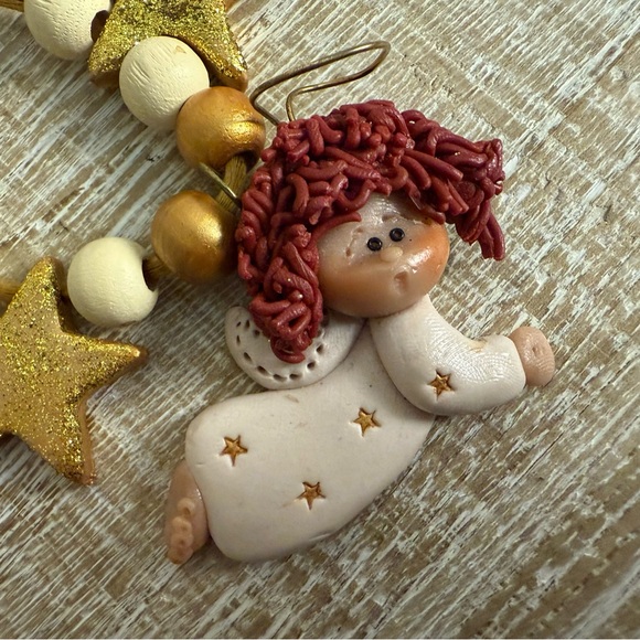 Gold & Cream Clay Angel with Stars and beads Necklace, 26" - Picture 7 of 13